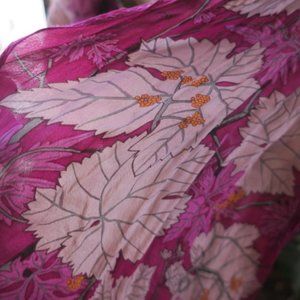 Vintage Silk Magenta Scarf with Taupe Maple Leaves